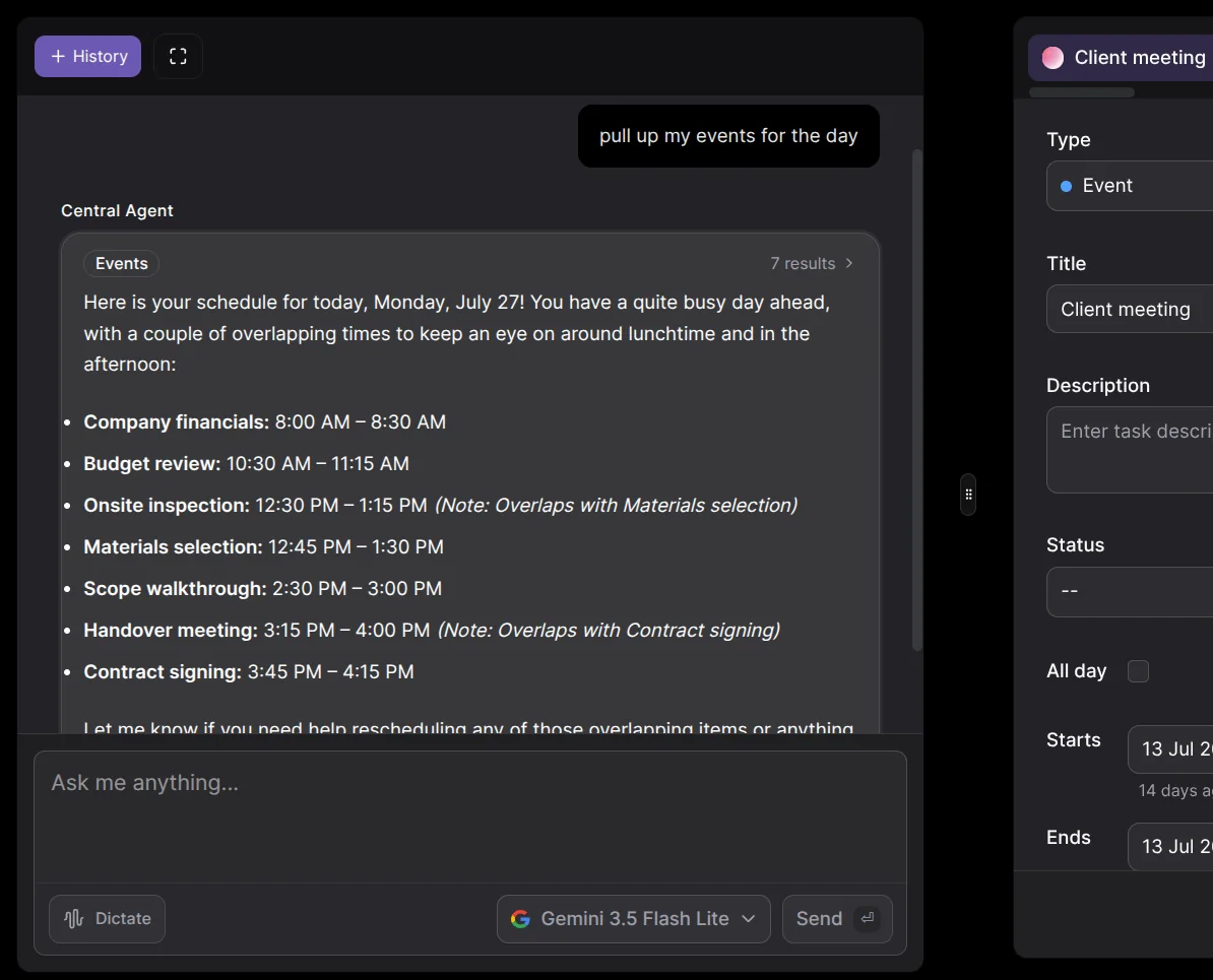 An AI agent settings panel with one agent enabled, clear permissions and an action waiting for approval