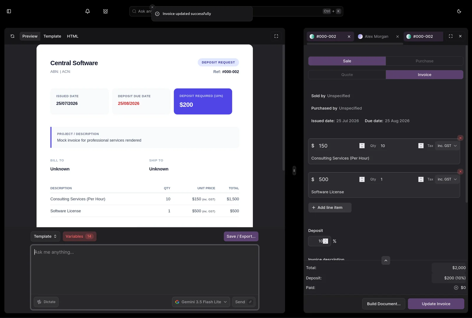 A natural-language template editor beside a live branded invoice preview with the requested changes applied