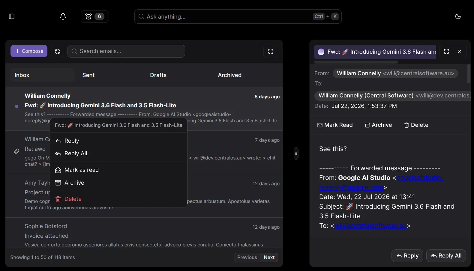 A shared business inbox with a verified custom email domain and an open customer conversation