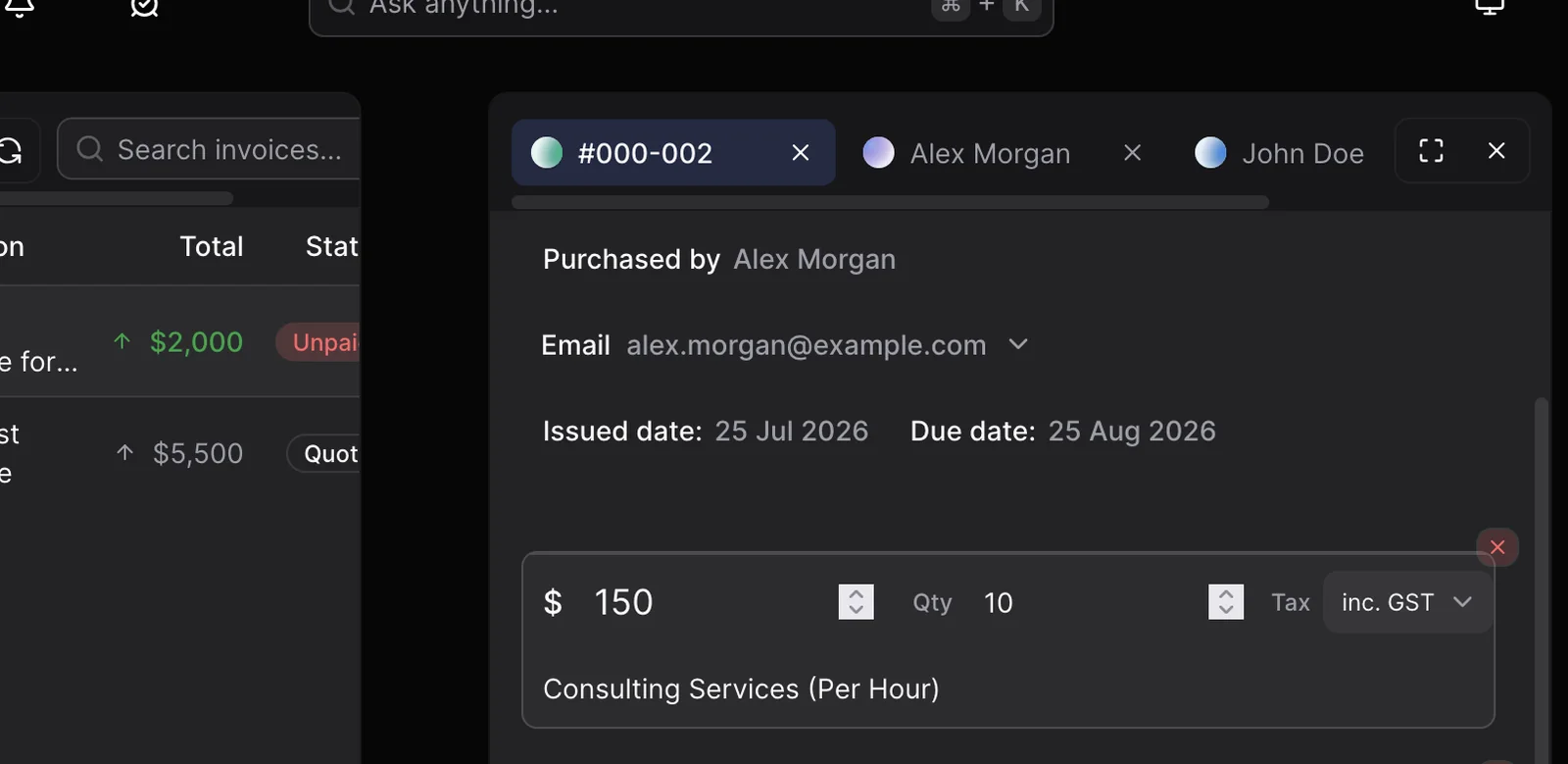 CentralOS showing an invoice panel with several customer tabs open beside the invoice list